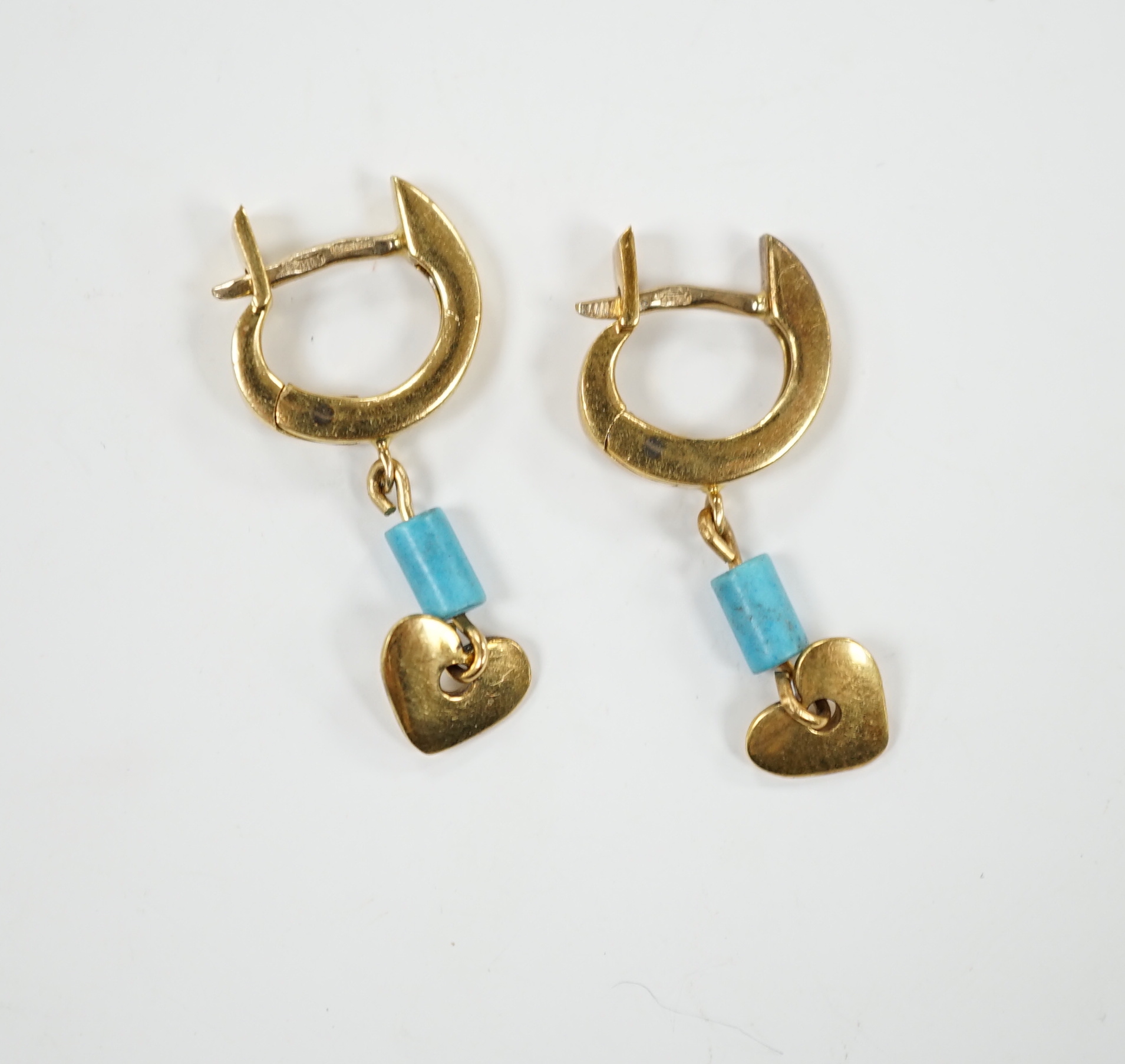 A modern pair of 18ct gold and turquoise? set heart drop earrings, drop 13mm, gross weight 4.2 grams.